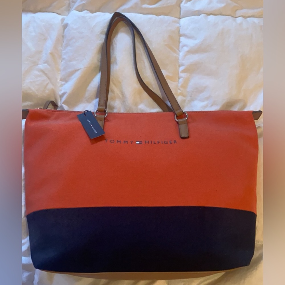 NWT Tommy Hilfiger orange and navy tote bag